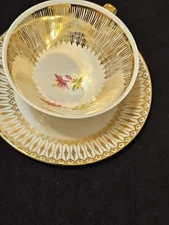 VTG Porcelain Mitterteich Bavaria Gold Burst W Pink Flower Footed Teacup &Saucer