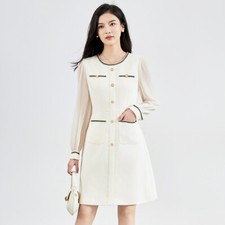 Luxury Tweed Dress Women's Long Sleeve A-line Crew Neck Midi Dress Party Office