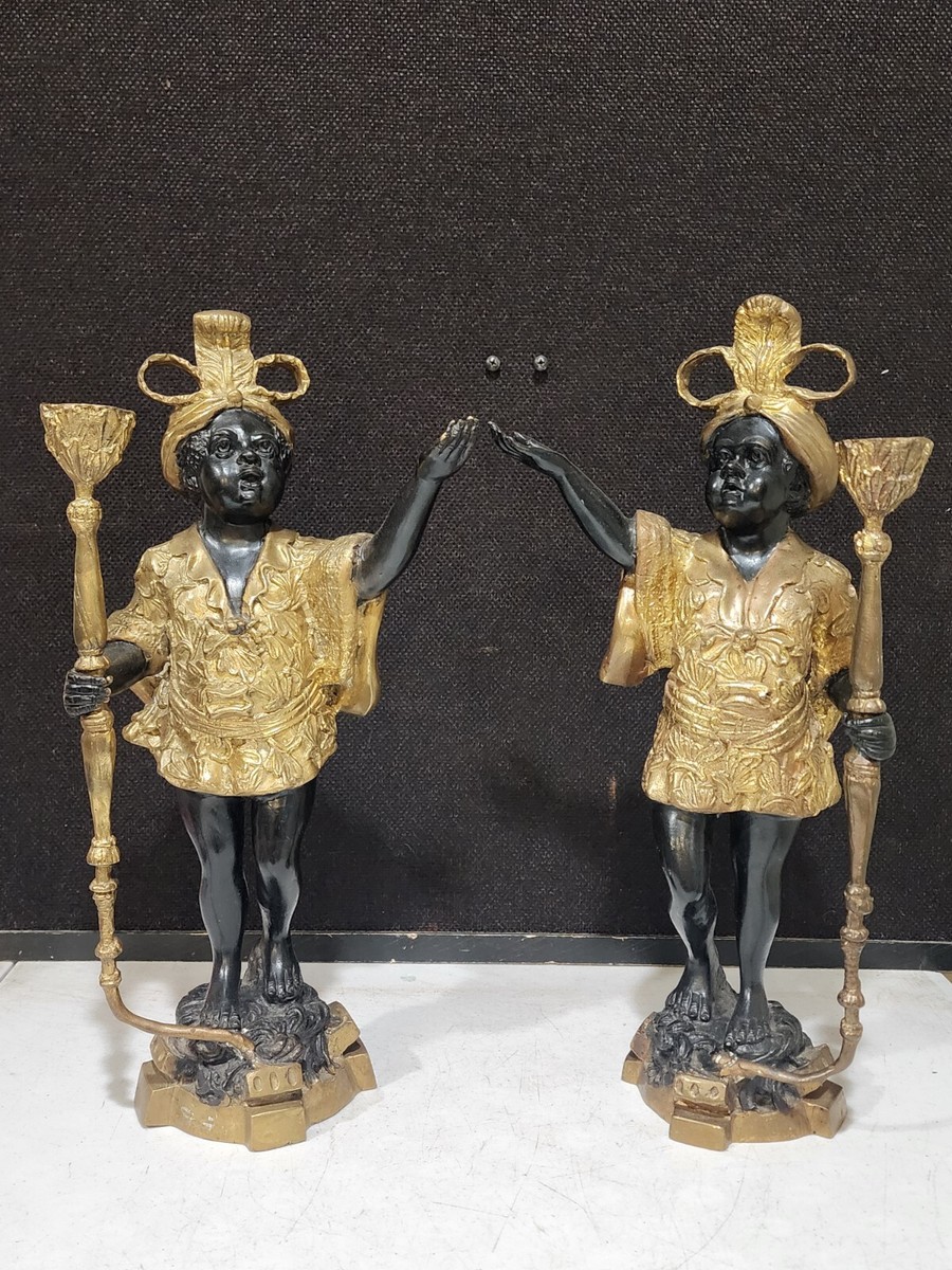 Pair of Old Heavy Vintage Bronze Blackamoor Statues Candle