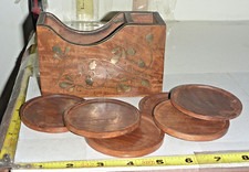 Vtg 7-Piece Inlaid Wood Brass Coaster Set - Holder 6 Round Coasters