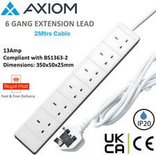 Image of 6 Way Mains Extension Lead Gang Socket Power 2M Metre Cable 13A Amps White