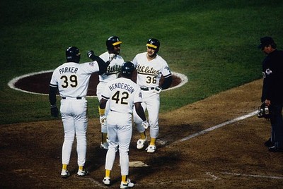 Terry Steinbach Oakland Athletics is greeted by his teammates Baseball '88 Photo