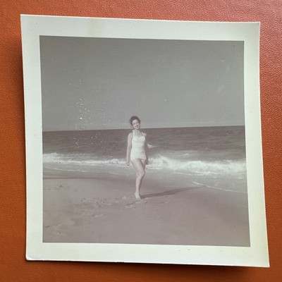 Gorgeous Barefoot Woman on the Beach VINTAGE COLOR PHOTO ORIGINAL white swimsuit