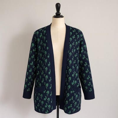 Vintage Rodier Paris 60% Wool Cardigan Women s Navy Green Floral Knit Open Front