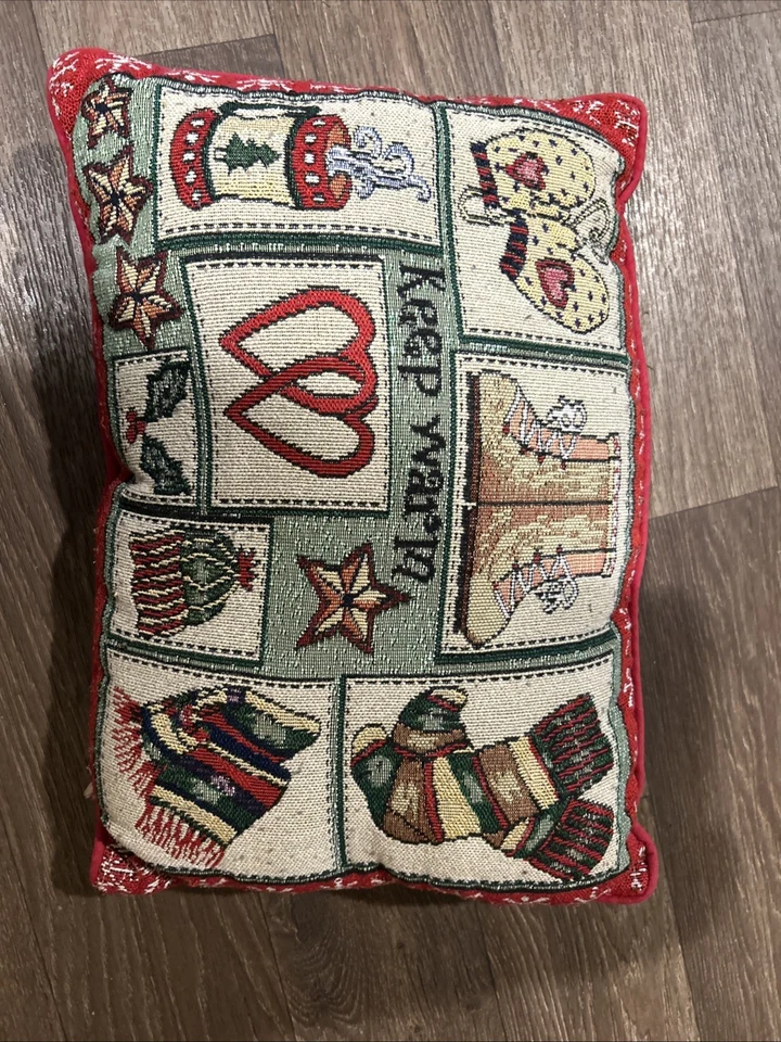 Keep Warm Winter Tapestry Pillow 16 by 10.5 Inches Holidays Red Green - Image 2 of 4