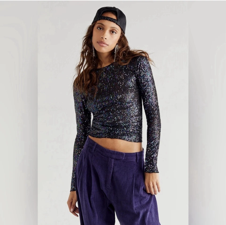 Free People Intimately XS Combo Gold Rush Manga Larga Lentejuelas Top Fiesta Foto 3 de 4