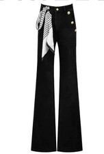 Women's Elegant Black High-Waisted Slim Flare Pants with Metal Buckle Decor
