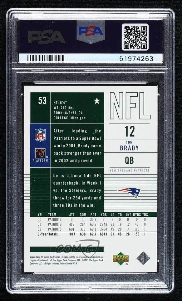 2003 SP Game Used Edition Tom Brady #53 PSA 8 - Image 2 of 2