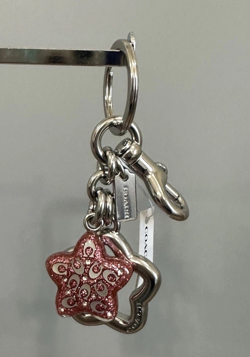NWT COACH Signature Star Bag Charm Key Ring FOB Silver Pink Petal