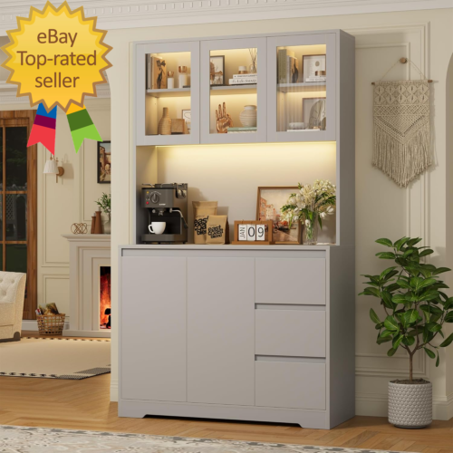 71" Kitchen Pantry Cabinet with LED Lights and Charging Station, Modern Kitchen
