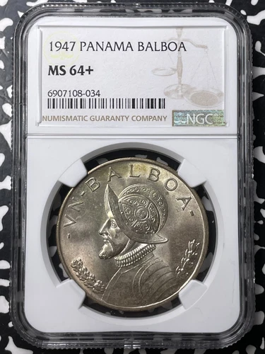 1947 Panama 1 Balboa NGC MS64+ Lot#G9002 Large Silver! Choice UNC!