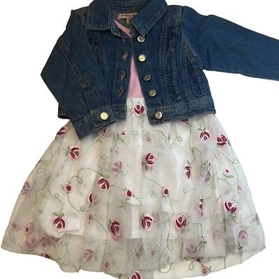 Nanette Lepore Girls 2PC Set, Pink Floral Dress w/ Denim Jacket, Size 12MO,  NWT!