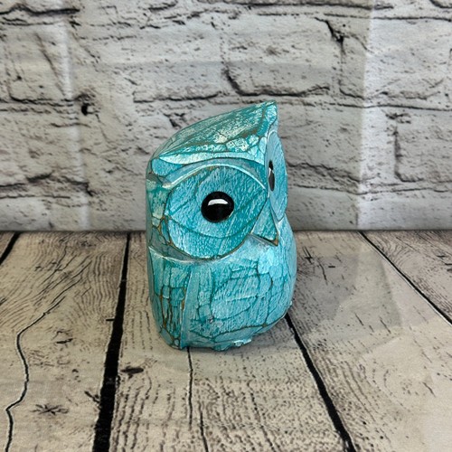 12cm x 10cm Green Flower Wooden Shabby Owl Statue Ornament Fair Trade Handcarved - Picture 3 of 11