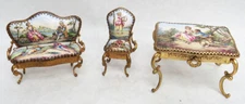 ANTIQUE VIENNESE PORCELAIN BRONZE HIGHLY DECORATED MUSIC TABLE SOFA & CHAIR SET