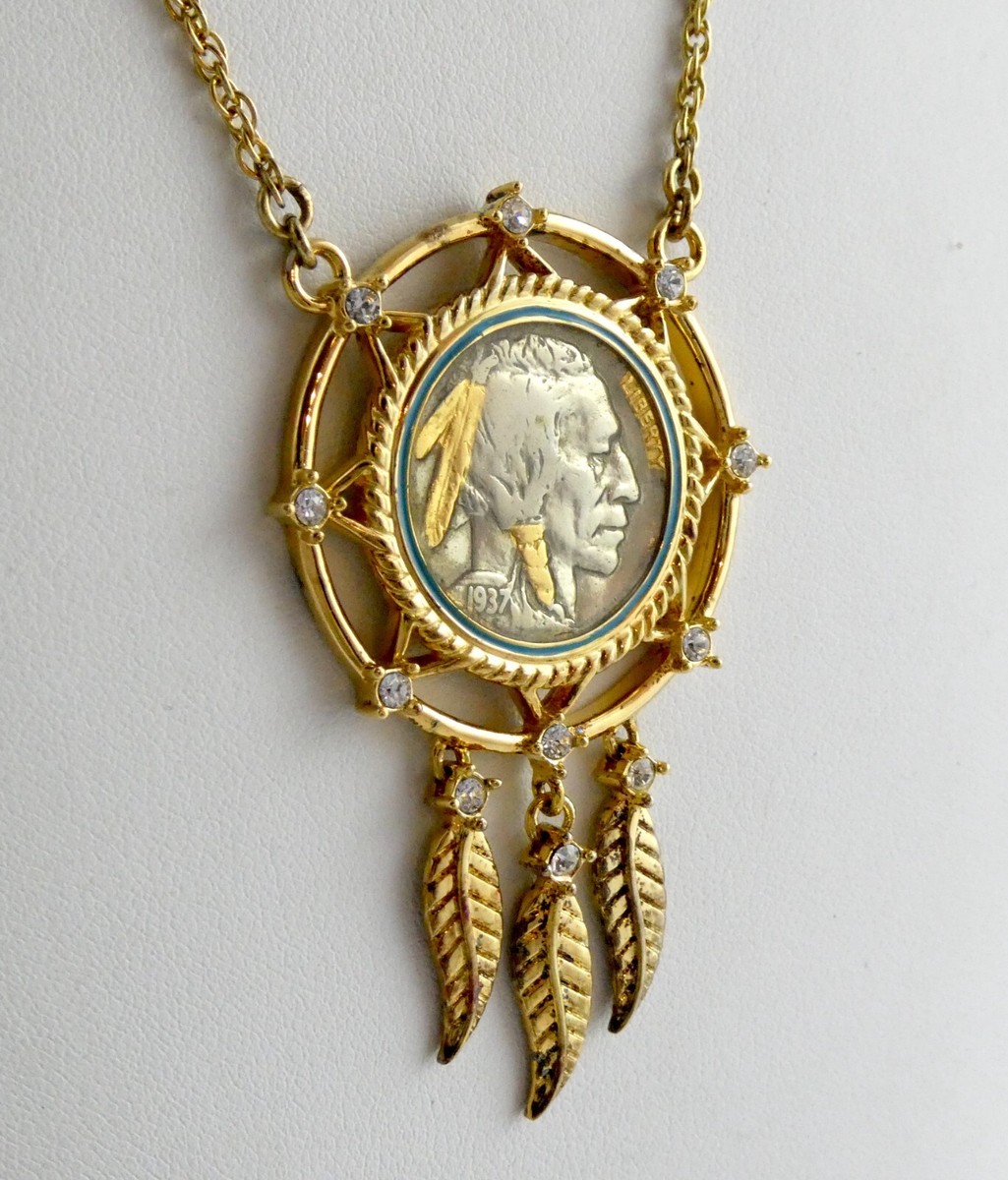 Bradford Exchange Gold on Sterling Silver Buffalo Nickel Dreamcatcher  Necklace