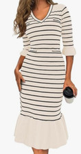 NEW Wenrine Women's Striped V Neck Half Sleeve Sweater Midi Dress Size Small