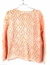 VTG 60s Handknit Fuzzy Mohair Peach Sweater Open Weave L