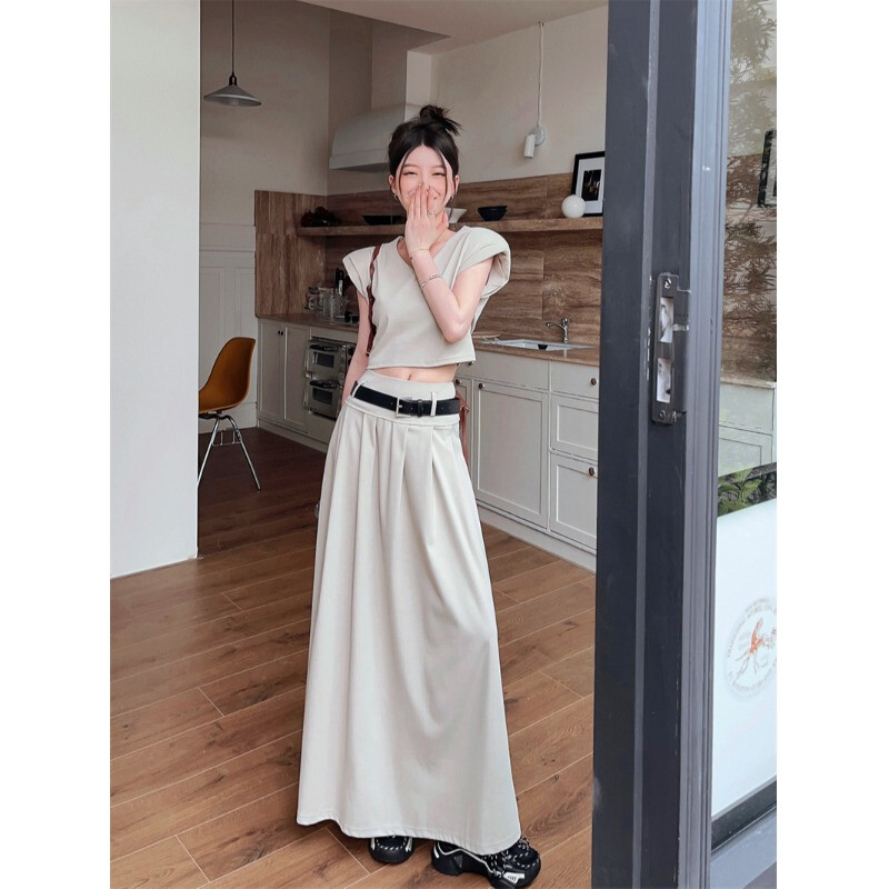 Women Casual Pleated Skirt Korean Loose High Waist Black Long