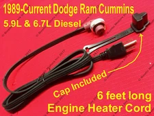 Dodge Ram Cummins 5.9 6.7 Diesel Block Heater Cord Cable Cabel 1989-2022 w/ Cap