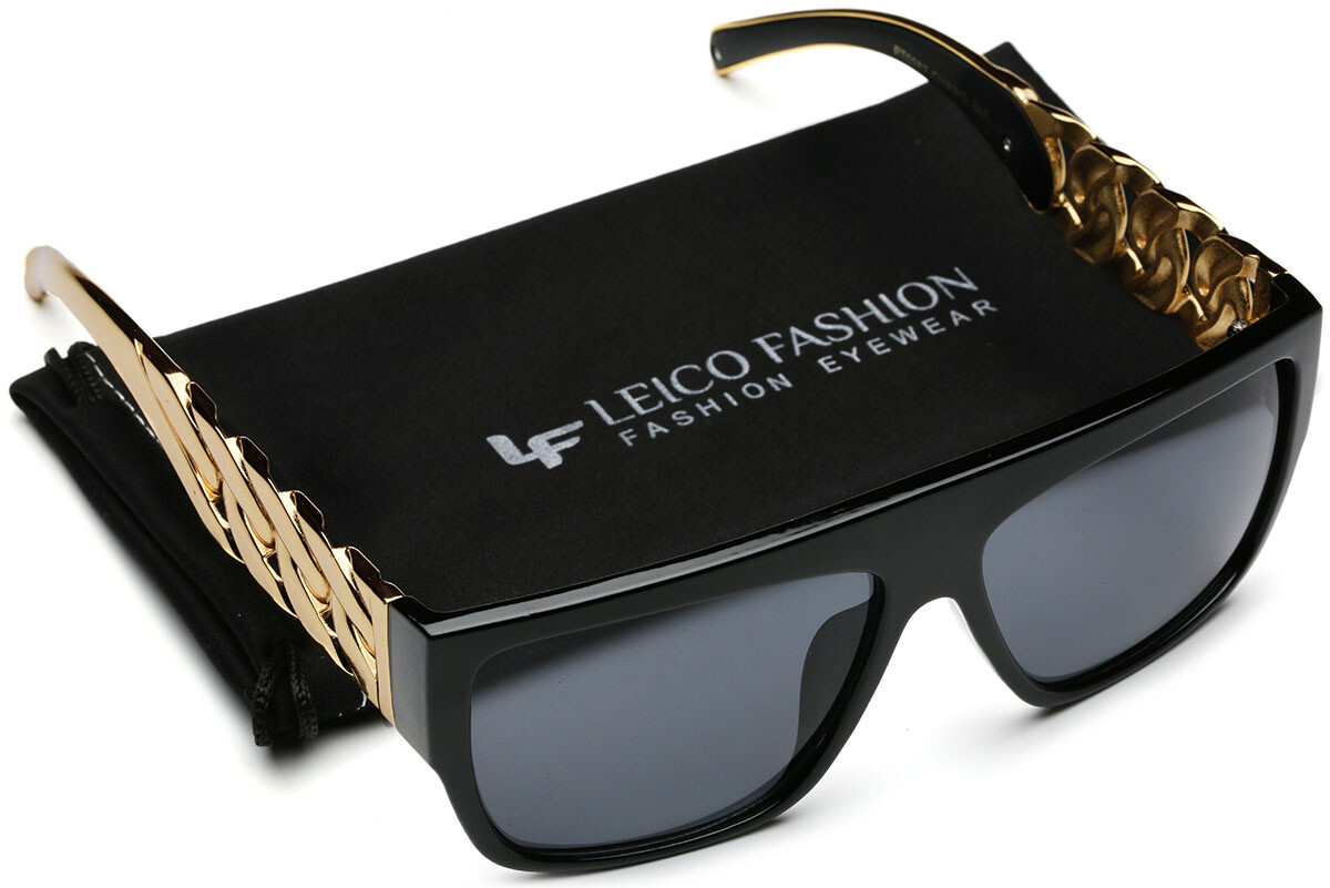 Solid Metal Arms Square Cuban Link Chain Flat Top Sunglasses 