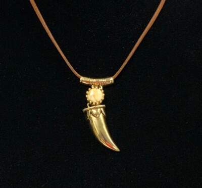 Barse Necklace Soft Suede Chocker Strand Goldtone Stone Horn Pendant Marked 15 