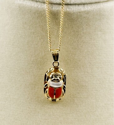 Egyptian Necklace Red Scarab 18K Gold Pendant + 18K Egyptian Chain 4.15 Gr 18''