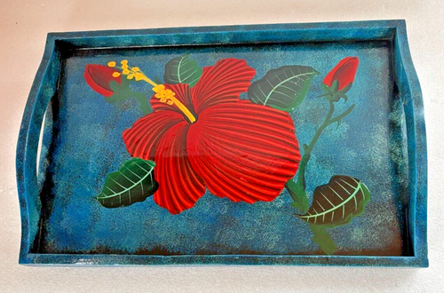 Hand Painted Wood Serving Tray w/Handles Aqua with Red Hibiscus Flower ~ Vintage