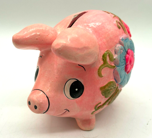 Vintage Ceramic Bright Pink Teal Floral Anthropomorphic Pig Bank Taiwan Retro - Picture 2 of 11