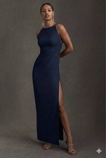 BHLDN Anthropologie Marta Navy Blue Halter Maxi Dress Asymmetric Back Gown 2