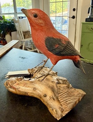 Vintage Ma Hai Feng Royal Tanager Hand Carved Wood Bird Signed **Read