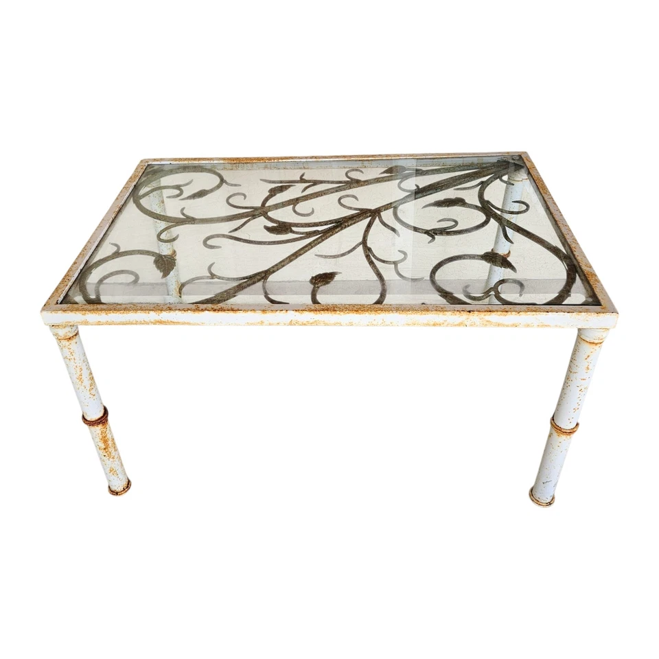 Mesa de centro de hierro con tapa de vidrio biselado casa de campo francesa vintage  Foto 3 de 4