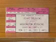 Don Shula Win #322 - Dan Marino - 10/4/1993 Dolphins vs Redskins MNF Ticket Stub