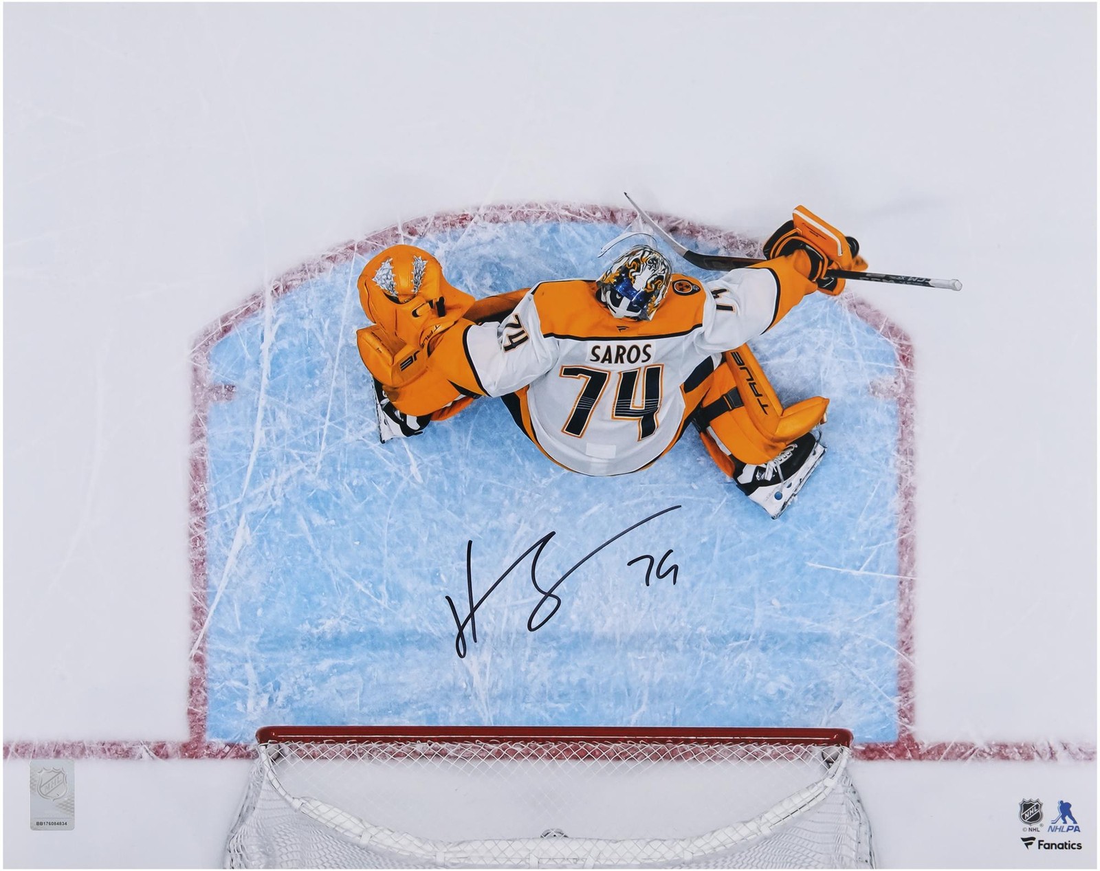 Juuse Saros Autographed Signed Nashville Predators 16x20 Overhead Making Save Photo 