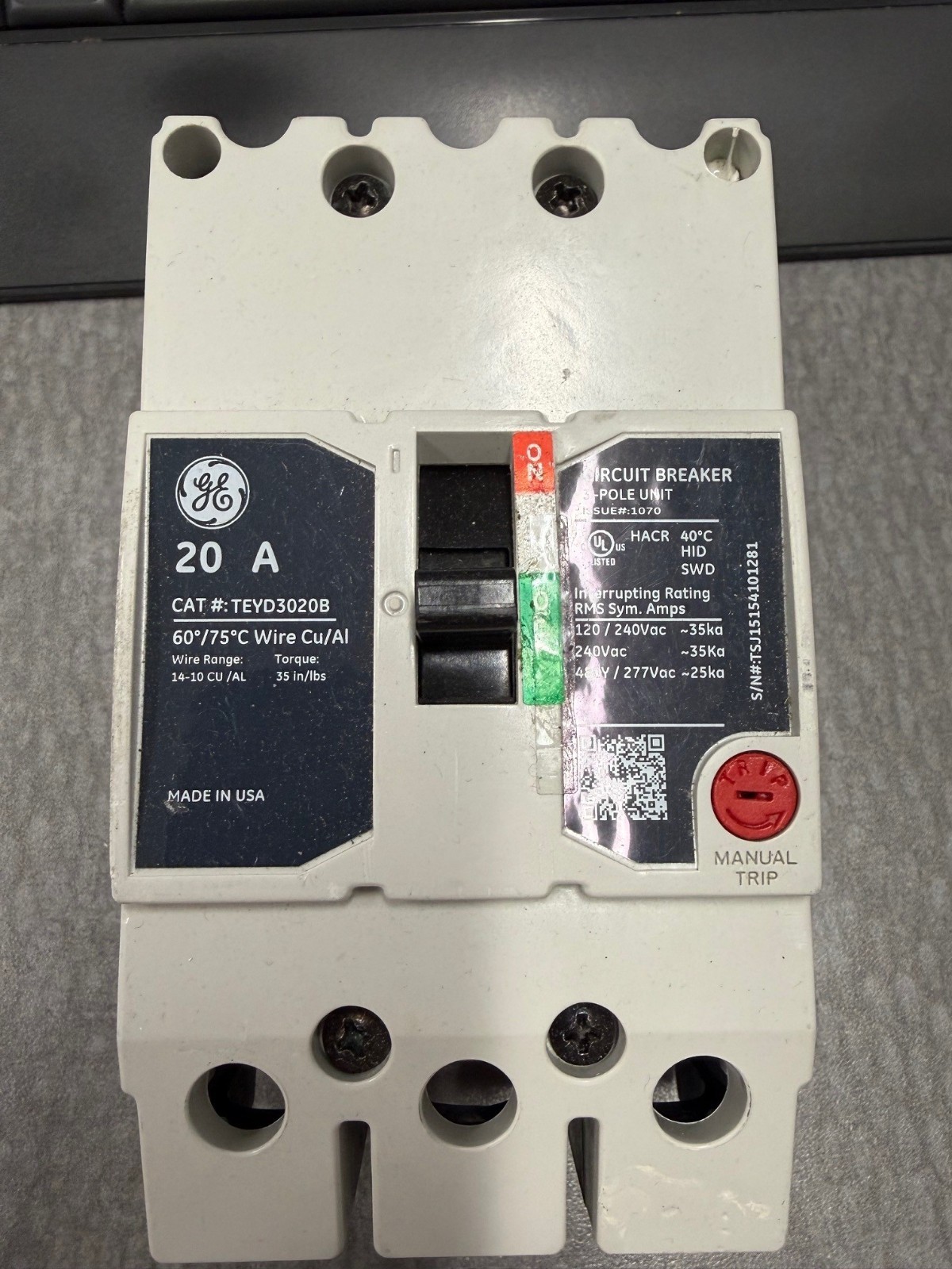 GE TEYD3020B 3 Pole 120/480VAC 20AMP Bolt On Circuit Breaker - New Take Out!