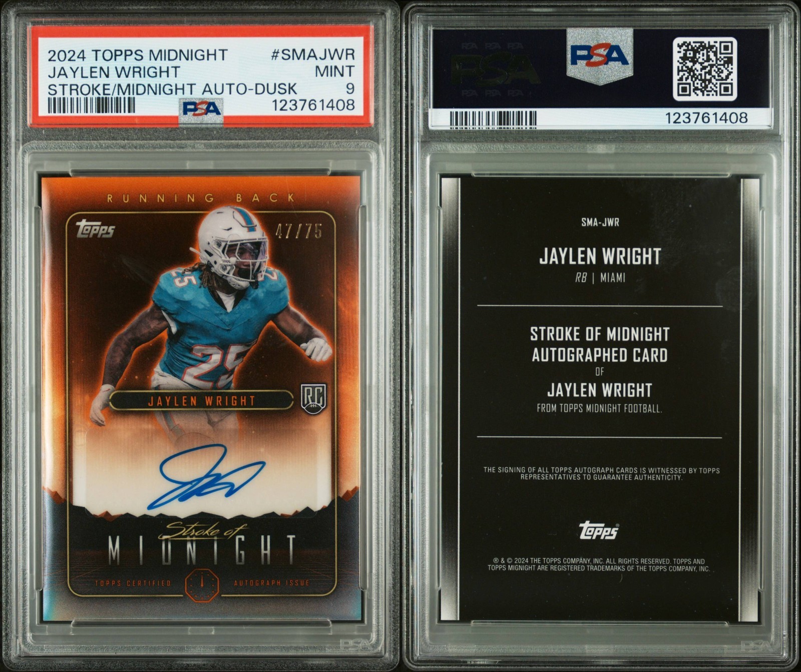 JAYLEN WRIGHT 2024 Topps Stroke of Midnight Dusk AUTO /75 PSA MINT 9 DOLPHINS RC