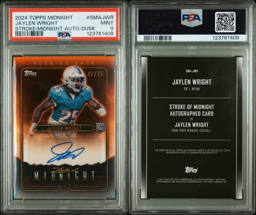 JAYLEN WRIGHT 2024 Topps Stroke of Midnight Dusk AUTO /75 PSA MINT 9 DOLPHINS RC