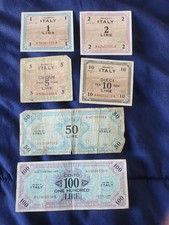 Allied military currency issued in Italy 1943. 1, 2, 5, 10, 50 and 100 lira set.