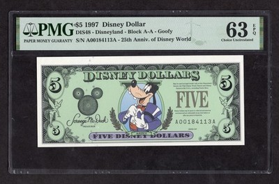 1997 $5 Disney Dollar DIS48 Disneyland (Block A-A) Goofy - PMG 63 EPQ