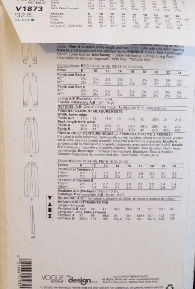 Vogue V1873 Misses Loose Fitting Pants 8-16 Belt Sewing Pattern Uncut 1873 - Image 2 of 2