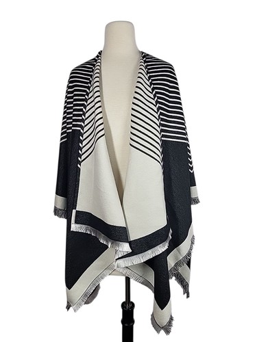 Banana Republic Striped Poncho OS Black White Wrap Fringe Shimmer Metallic Artsy - Picture 8 of 8