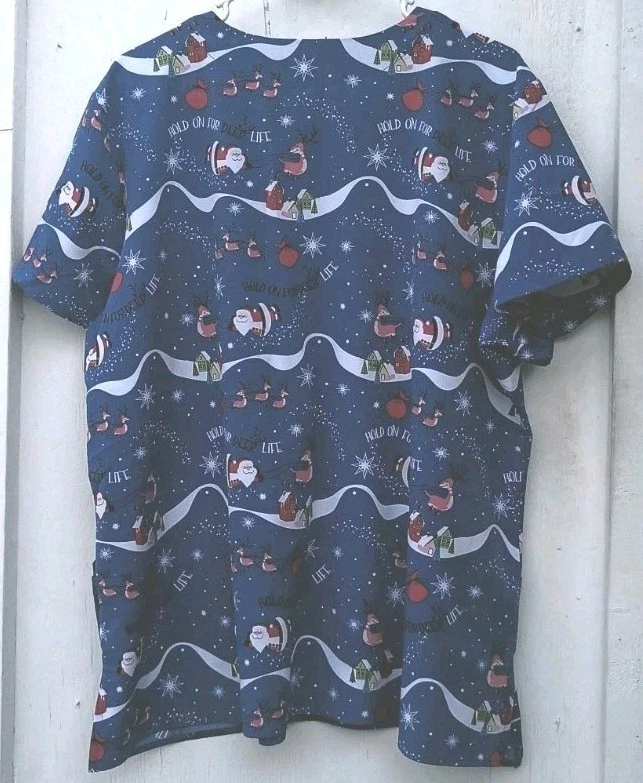 Sanibel Scrubs XL Blue Christmas Shirt Santa Medical Dental Vet Work Women - Image 2 of 4