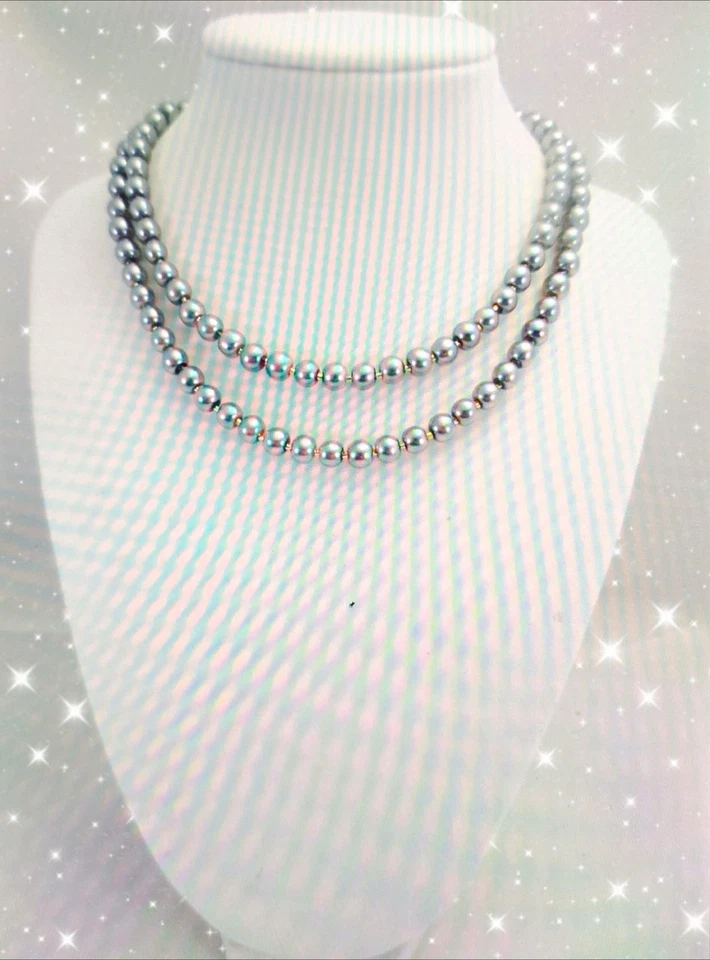 Collar Dos Hilos, Estilo Clásico 6mm Perla de Vidrio Peltre en Color Crema Foto 3 de 4