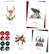 Boxed Christmas Cards Set of 20 Watercolor Designs with Envelopes & Stickers