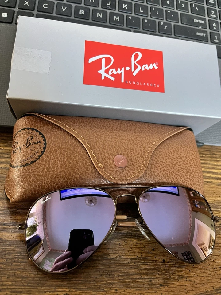 RAY-BAN AVIADORES RB3025 58mm. MARCO DE BRONCE CON LENTES ESPEJO LIKEAC MORADO. NUEVO. Foto 2 de 4