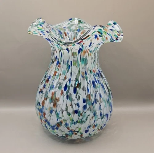Murano-Style Hand Blown Art Glass Vase Multi Ruffle-Top Confetti Speckled