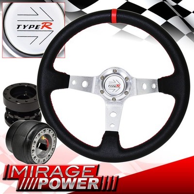 Extender + Deep Dish Black Steering Wheel Red Stitching + Hub For 89-05 Eclipse