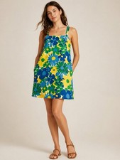 J Crew Floral Linen Blend Shift Dress Blue Yellow Green Square Neck Mini G5674