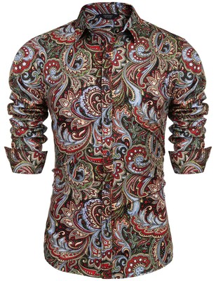 Men's Floral Print Button Down Casual Long Sleeve Hawaiian Shirt(Wine Red,L)