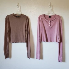 Long Sleeve Crop Top Womens XS/S Wild Fable Shein Pair 2 Pink Brown Waffle Knit