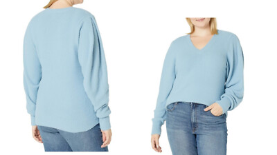 NWT $59 SZ 5X The Drop Women's Edith Pleated Shoulder V-Neck Sweater, Dusty Blue